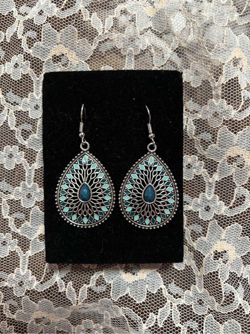 Turquoise Teardrop Filigree Dangle Earrings - Brand Unspecified